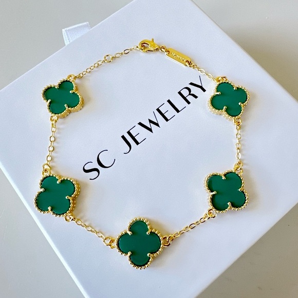 Green Onyx Stone & Gold Clover Bracelet Double Sided Luxury Jewelry - Picture 2 of 10